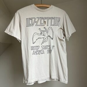 Led Zeppelin T Shirt Size M White Distressed 1977 US Tour Graphic Band Tee Rock